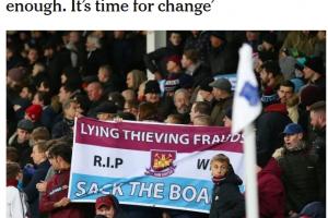 TA：西汉姆球迷计划在下周六对阵水晶宫比赛时，抗议球队董事会