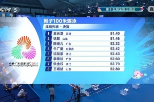 王长浩摘得全运会男子100米蝶泳金牌，徐放银牌、陈俊儿铜牌